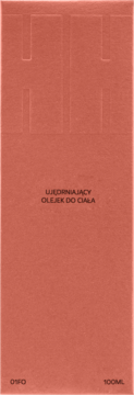 Hhuumm ujędrniający olejek do ciała 100ml, terakotowe pudełko z wytłaczanym logo i tekstem, widok z przodu.