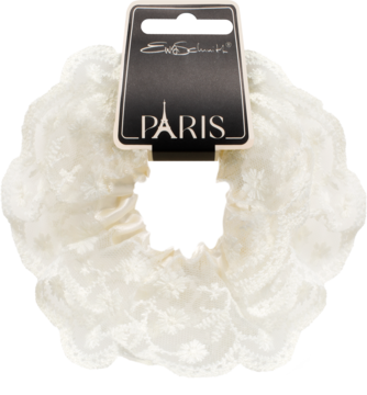 Biała koronkowa scrunchie do włosów Elegant Lace Ewa Schmitt RKG089 z czarną etykietą PARIS.