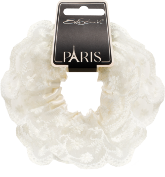 Biała koronkowa scrunchie do włosów Elegant Lace Ewa Schmitt RKG089 z czarną etykietą PARIS.