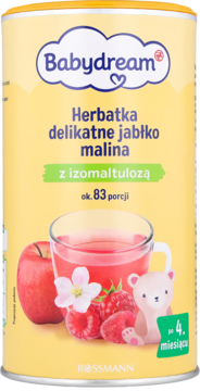 BABYDREAM ,herbatka rozpuszczalna, Jabłko-Malina z izomaltulozą, po 4. m-cu życia,przód
