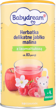 Babydream herbatka jabłko malina z izomaltulozą, dla dzieci od 4. miesiąca. Żółta puszka z owocową grafiką. Widok z przodu.