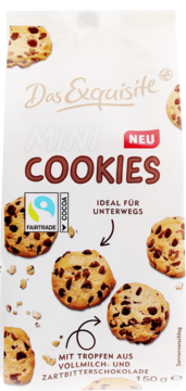 Biała torebka Das Exquisite Mini Cookies, ciasteczka z kawałkami mlecznej i gorzkiej czekolady, widok z przodu.