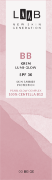 LAAB BB Krem Lumi-Glow SPF 30, 03 Beige, kartonowe opakowanie z przodu na tle z różowych smug.