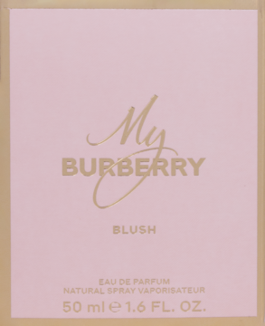 My Burberry Blush damska woda perfumowana w jasnoróżowym pudełku ze złotymi napisami, widok z przodu.
