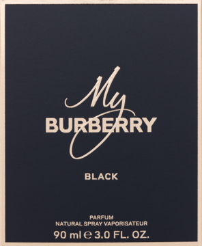 Czarny, matowy kartonik perfum My Burberry Black dla kobiet 90ml, złote napisy, widok z przodu.
