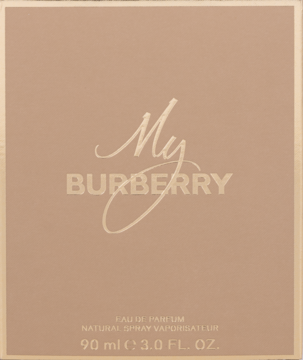 My Burberry damska woda perfumowana 90 ml, beżowe opakowanie ze złotym napisem, widok z przodu.