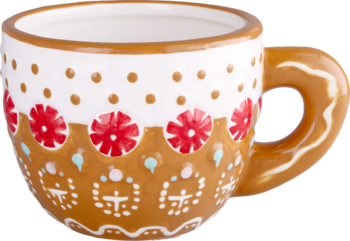 Świąteczny kubek ceramiczny w stylu piernika, brązowo-biały, zdobiony białym lukrem i czerwonymi kwiatami.