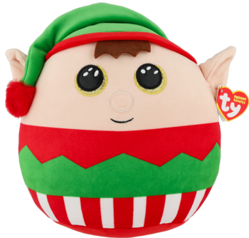 Pluszowy elf TY, okrągły, w zielonej czapce z pomponem, czerwono-zielonym pasiastym stroju, z dużymi oczami, z przodu.