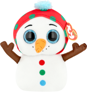 Pluszowy bałwanek Beanie Boo z niebieskimi oczami i marchewkowym nosem, w czerwonej czapce w zielone kropki. Widok z przodu.