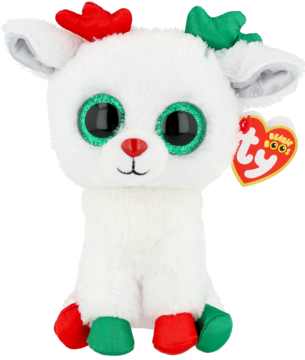 Biała pluszowa reniferka Beanie Boo z zielonymi oczami, czerwonym nosem i świątecznymi akcentami, widok z przodu.