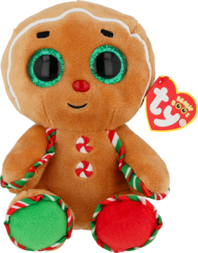 Pluszowy piernik Ty Beanie Boo z dużymi zielonymi, brokatowymi oczami, w świątecznym stroju z cukierkowymi detalami. Widok z przodu.