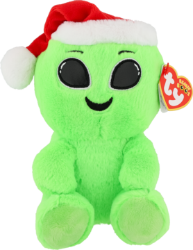 Pluszowy zielony obcy Beanie Baby w czapce Mikołaja, siedzący. Ma duże czarne oczy, uśmiech i metkę TY.