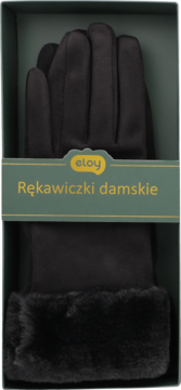 Czarne damskie rękawiczki z miękkiego materiału, z futrzanymi mankietami, w zielonym pudełku. Widok z przodu.
