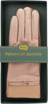 Beżowe rękawiczki damskie Eloy w zielonym pudełku, z zamszowym wykończeniem i prążkowanym mankietem, widok z przodu.