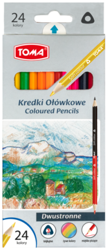 Pudełko kredek Toma Dwustronnych trójkątnych, 24 kolory, z widocznym żółtym ołówkiem i krajobrazem.