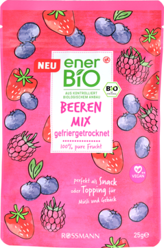 Różowa torebka enerBiO Beeren Mix, liofilizowane owoce: truskawki, borówki, maliny. Bio, 25g, widok z przodu.