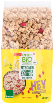 enerBio ZITRONEN JOGHURT CRUNCHY bio granola, żółte opakowanie z przezroczystym oknem, widok z przodu.