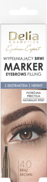 Delia Eyebrows Filling Marker 4.0 Brown z ekstraktem z henny. Zbliżenie na marker przy brwi, białe opakowanie.
