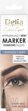 Delia Eyebrow Expert marker do brwi ciemny brąz (3.0) z henną, front opakowania z okiem i aplikatorem.