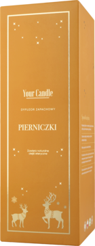 Opakowanie dyfuzora zapachowego Your Candle Pierniczki, złoto-pomarańczowe, z reniferami i gwiazdkami, widok z przodu.