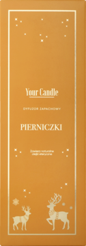 Dyfuzor zapachowy Your Candle Pierniczki w pomarańczowym pudełku, złote renifery i gwiazdki na froncie.