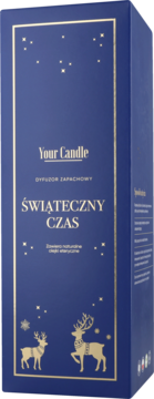 Niebieski dyfuzor zapachowy Your Candle ŚWIĄTECZNY CZAS w pudełku ze złotymi reniferami i gwiazdkami, widok z przodu.