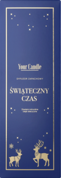 Pionowe, granatowe opakowanie dyfuzora Your Candle Świąteczny Czas ze złotymi reniferami i gwiazdkami.