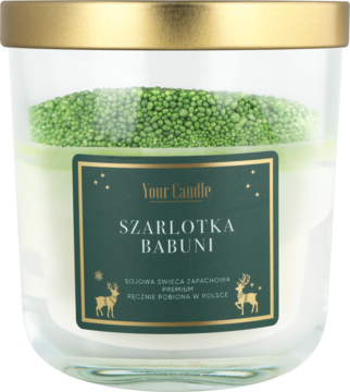 Świeca zapachowa Your Candle „Szarlotka Babuni” w szklanym słoju, biały wosk z zieloną posypką, złota pokrywka.