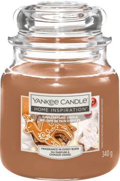 Yankee Candle Home Inspiration Gingerbread Single, brązowa świeca w szklanym słoiku z pokrywką i etykietą piernikową.