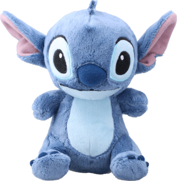 Miękki pluszak Stitch w pozycji siedzącej, niebieski, z różowymi uszami i szerokim uśmiechem, widok z przodu.