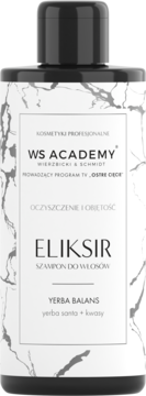 Biała butelka szamponu WS Academy Yerba Balans Eliksir, dającego objętość, z czarną nakrętką, widok z przodu.