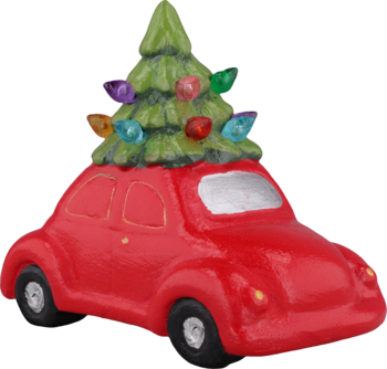 Czerwona ceramiczna figurka retro samochodu z zieloną choinką i kolorowymi lampkami na dachu. Widok z przodu.