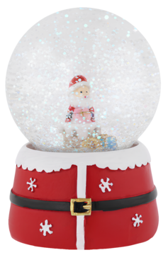 Kula śnieżna świąteczna z figurką Mikołaja i sypiącym brokatem. Czerwona podstawa stylizowana na ubranie Mikołaja.