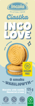 Incola Inco Love gluten-free vanilla cream biscuits, stacked, with swirl pattern and 'SUGARS FREE' on packaging.
