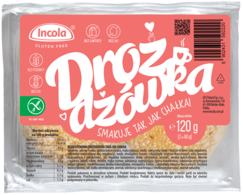 Incola Drożdżówka bezglutenowa, słodka bułeczka bez soi, jaj i laktozy, w przezroczystym opakowaniu z różową etykietą.