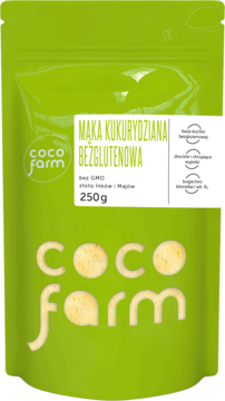 Coco Farm Mąka kukurydziana bezglutenowa 250g w zielonej, matowej torebce z białym logo, widok z przodu.