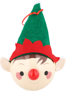 Głowa świątecznego elfa z zieloną czapką z filcu, czerwonymi uszkami i okrągłym, czerwonym nosem, widok z przodu.