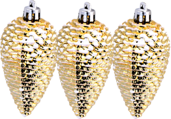 Trzy złote, teksturowane bombki świąteczne w kształcie szyszki, lśniące, widok z przodu.