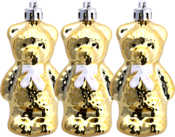 Trzy złote, błyszczące bombki choinkowe w kształcie misia z białą kokardką, widok z przodu, ułożone w rzędzie.