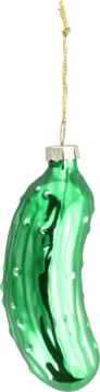 Zielona szklana bombka choinkowa w kształcie ogórka, z odblaskowym wykończeniem i srebrnym uchwytem.