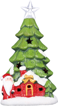 Ceramiczna figurka świąteczna: zielona choinka z Mikołajem, ośnieżony domek i świecąca gwiazda, widok z przodu.