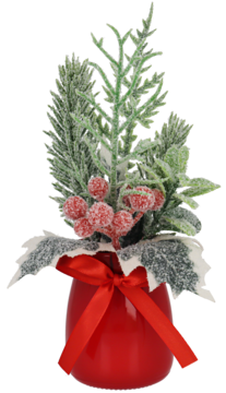 Świąteczna dekoracja w czerwonej doniczce: zielone gałązki z szronem, czerwone jagody i czerwona wstążka.