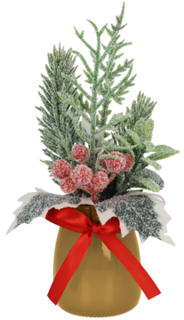 Świąteczna ozdoba: oszronione gałązki jodły i czerwone jagody w złotej doniczce z czerwoną kokardą, widok z przodu.