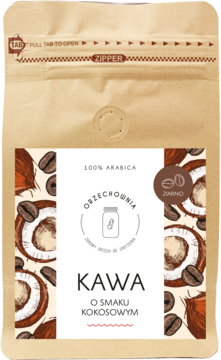 Brązowa torebka kawy Orzechownia kokosowej 100% Arabica ziarno, z białym panelem i ilustracjami kokosów, widok z przodu.