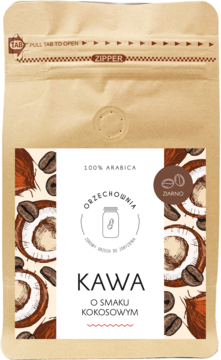 Brązowa torebka kawy Orzechownia kokosowej 100% Arabica ziarno, z białym panelem i ilustracjami kokosów, widok z przodu.