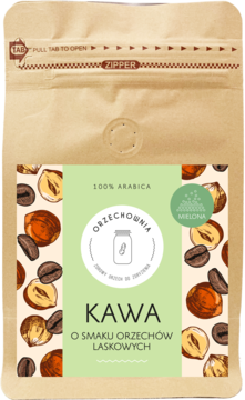 Brązowa torebka kawy mielonej Orzechownia 100% Arabica o smaku orzechów laskowych, widok z przodu.