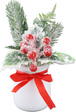 Dekoracja świąteczna: ośnieżone gałązki, czerwone jagody w białej doniczce z czerwoną kokardą. Zbliżenie.