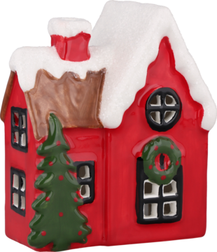 Czerwony ceramiczny domek świąteczny ze śniegiem na dachu, zieloną choinką i wieńcem na oknie, widok z boku.