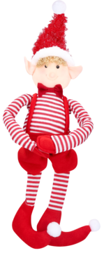 Czerwono-biały posable elf świąteczny w paski, z kokardą i kapeluszem, pluszowy, widok z przodu.