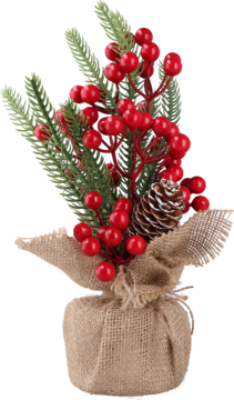 Dekoracja świąteczna: sztuczny stroik z igliwia i czerwonych jagód, naturalna szyszka, w beżowym worku jutowym.